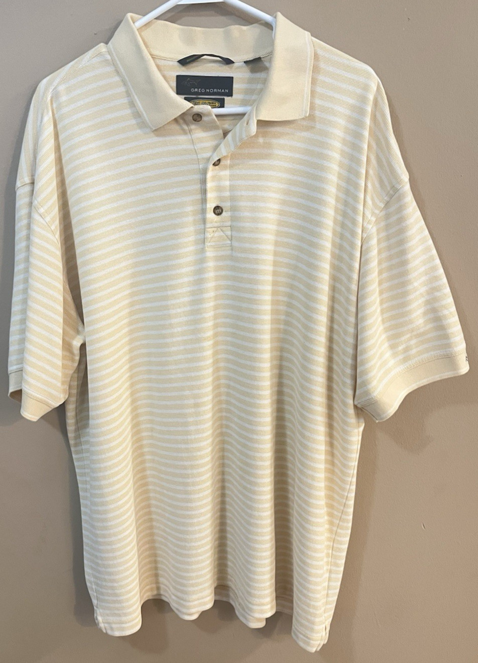 Greg Norman Play Dry Moisture Wicking Golf Polo Mens XL Yellow Stripe Short Slee